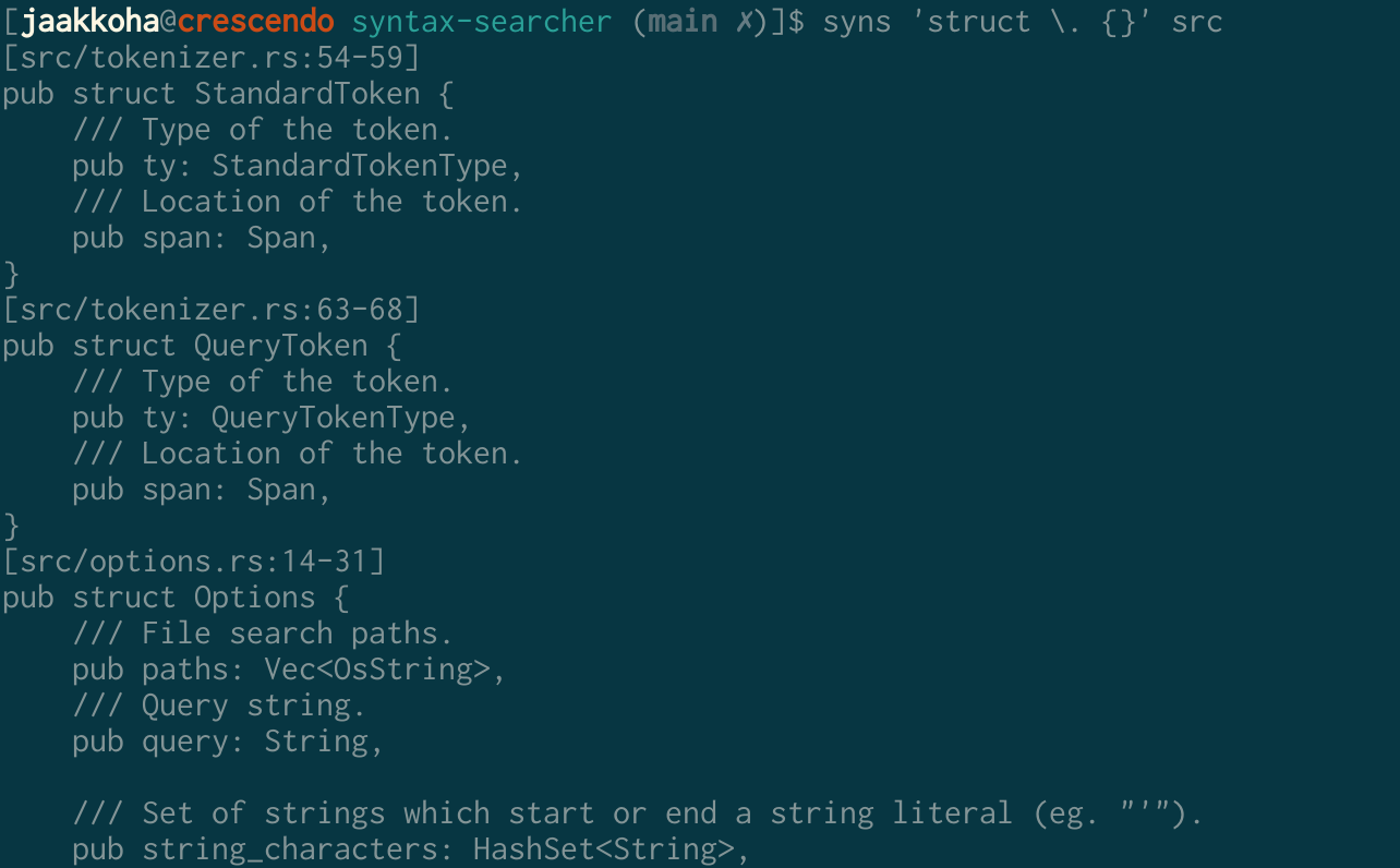 Screenshot of Syntax-Searcher, showing an example query and some results.
